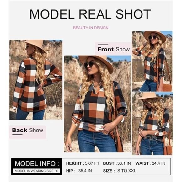 Womens Basic Casual V Neck Plaid Print Cotton Cuffed Long Sleeve Tops Blouses‎ - Picture 4 of 5